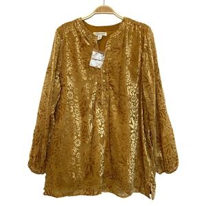 Coldwater Creek Womens Gold Floral Burnout Velvet Tunic Top Long Sleeve Size L